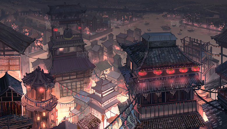 中国风国潮中式古风场景华灯繁华夜市背景