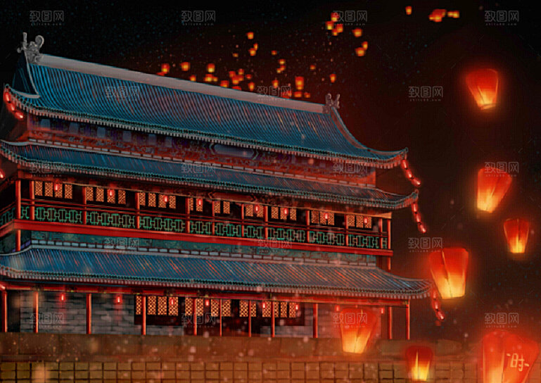 中国风国潮中式古风场景华灯繁华夜市背景