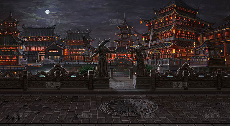 中国风国潮中式古风场景华灯繁华夜市背景