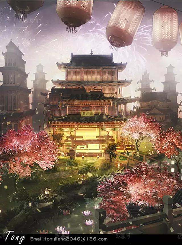 中国风国潮中式古风场景华灯繁华夜市背景