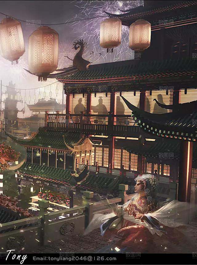 中国风国潮中式古风场景华灯繁华夜市背景