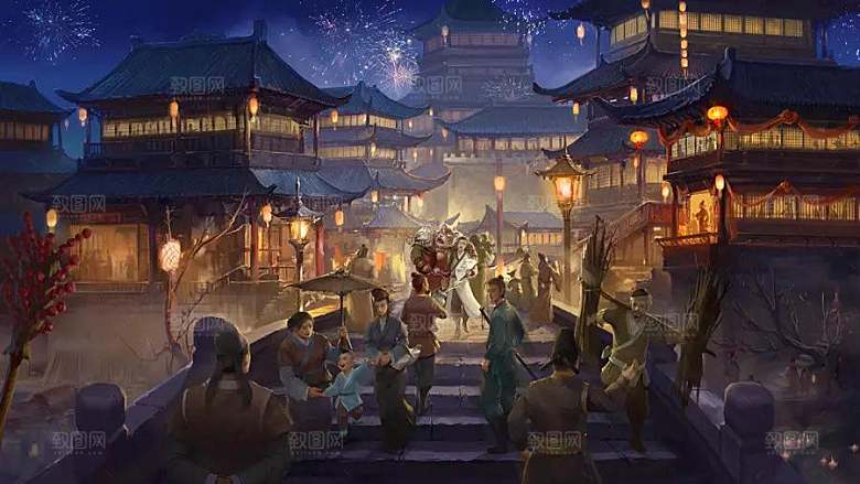 中国风国潮中式古风场景华灯繁华夜市背景