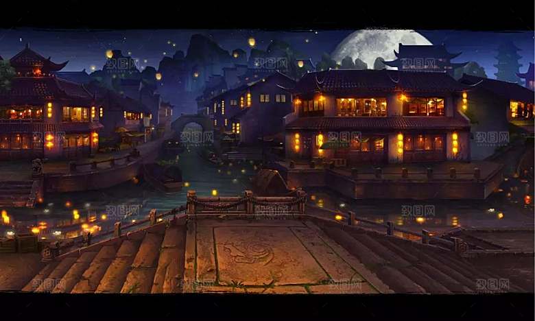 中国风国潮中式古风场景华灯繁华夜市背景