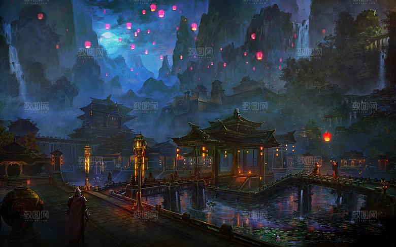 中国风国潮中式古风场景华灯繁华夜市背景