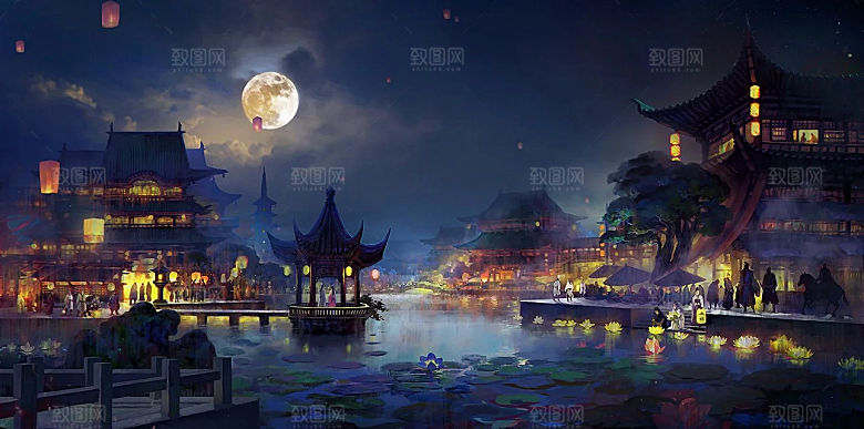中国风国潮中式古风场景华灯繁华夜市背景