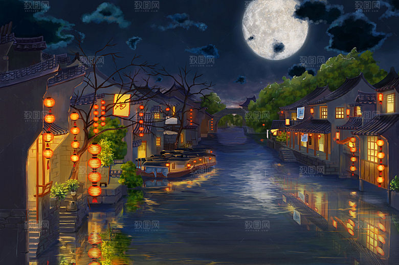中国风国潮中式古风场景华灯繁华夜市背景