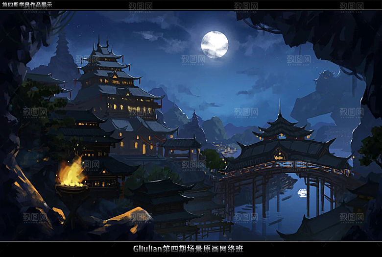 中国风国潮中式古风场景华灯繁华夜市背景