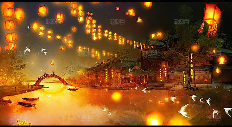 中国风国潮中式古风场景华灯繁华夜市背景