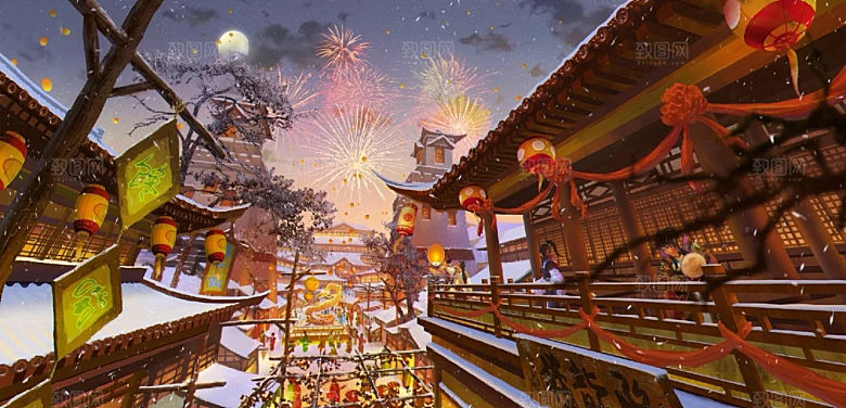 中国风国潮中式古风场景华灯繁华夜市背景
