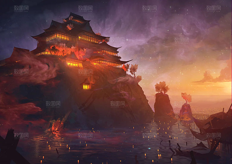 中国风国潮中式古风场景华灯繁华夜市背景