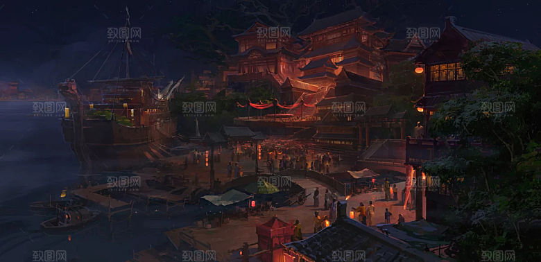 中国风国潮中式古风场景华灯繁华夜市背景
