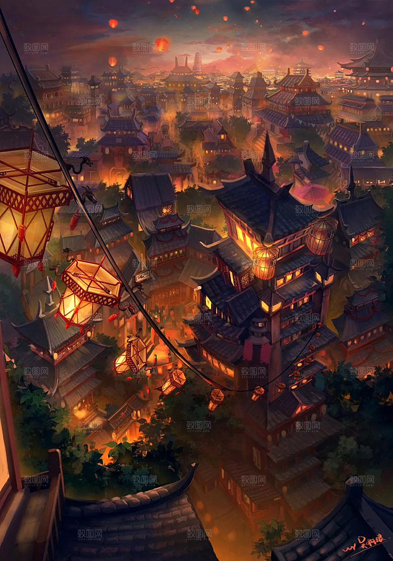 中国风国潮中式古风场景华灯繁华夜市背景