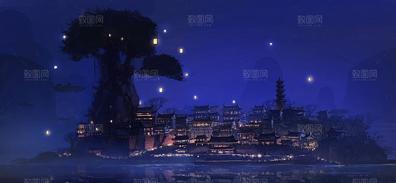 中国风国潮中式古风场景华灯繁华夜市背景