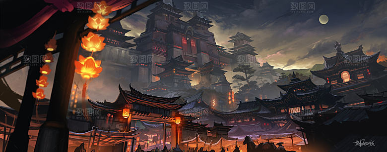 中国风国潮中式古风场景华灯繁华夜市背景