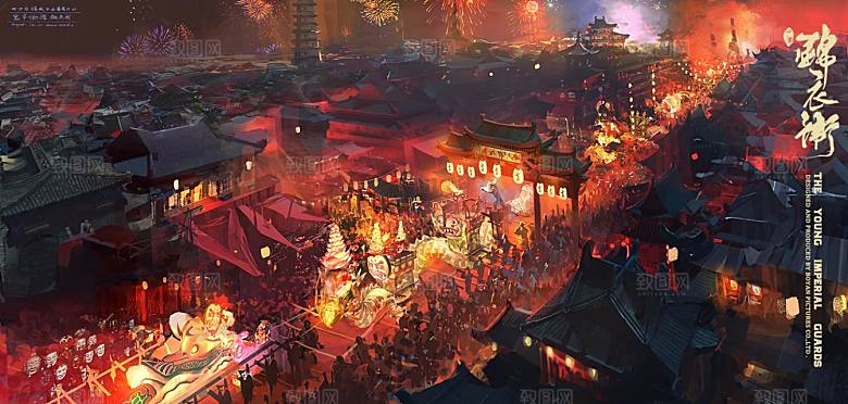 中国风国潮中式古风场景华灯繁华夜市背景