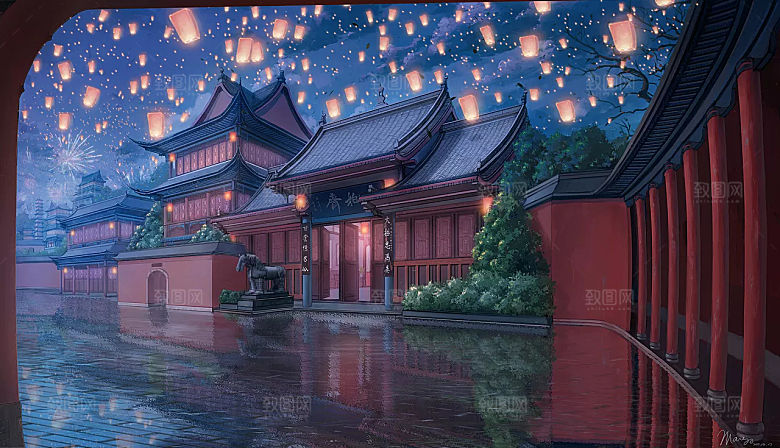 中国风国潮中式古风场景华灯繁华夜市背景