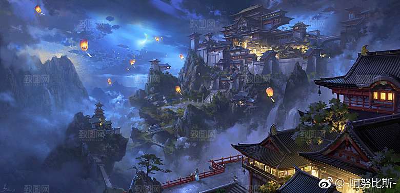 中国风国潮中式古风场景华灯繁华夜市背景