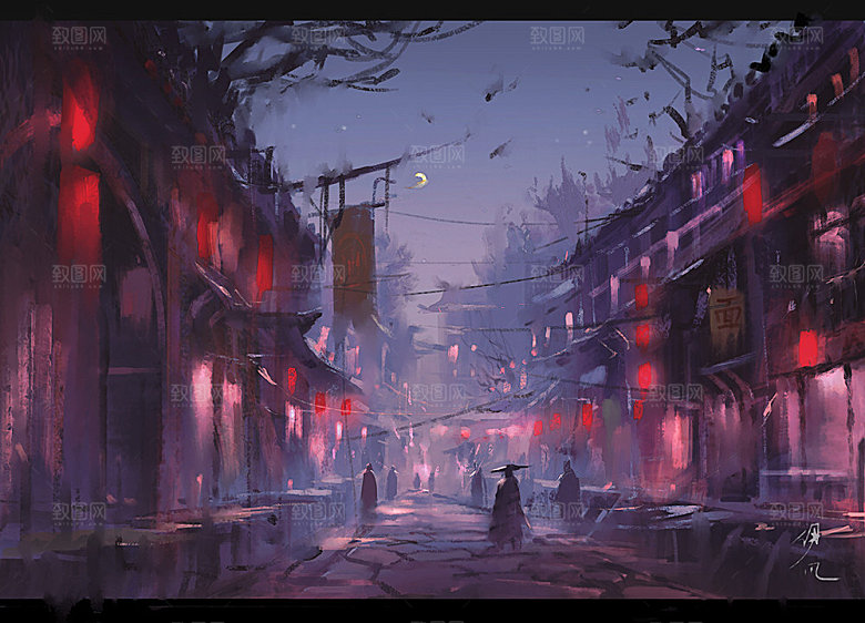 中国风国潮中式古风场景华灯繁华夜市背景