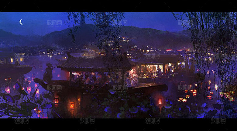 中国风国潮中式古风场景华灯繁华夜市背景