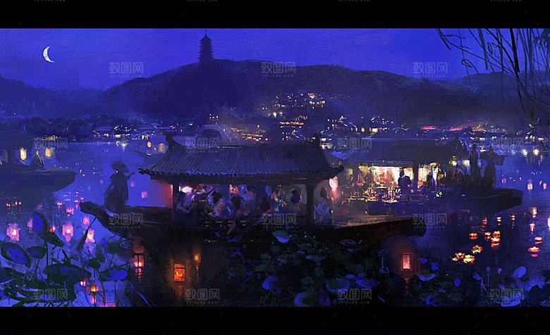中国风国潮中式古风场景华灯繁华夜市背景