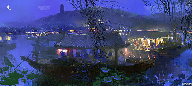 中国风国潮中式古风场景华灯繁华夜市背景