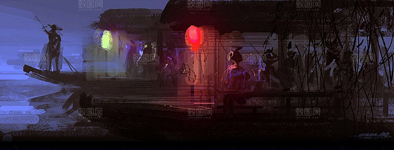 中国风国潮中式古风场景华灯繁华夜市背景