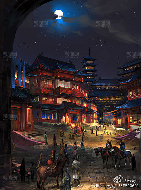 中国风国潮中式古风场景华灯繁华夜市背景