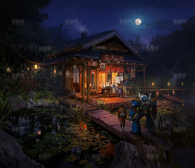 中国风国潮中式古风场景华灯繁华夜市背景