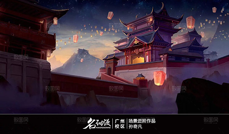 中国风国潮中式古风场景华灯繁华夜市背景