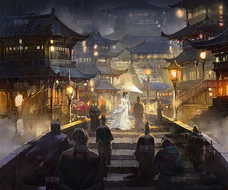 中国风国潮中式古风场景华灯繁华夜市背景