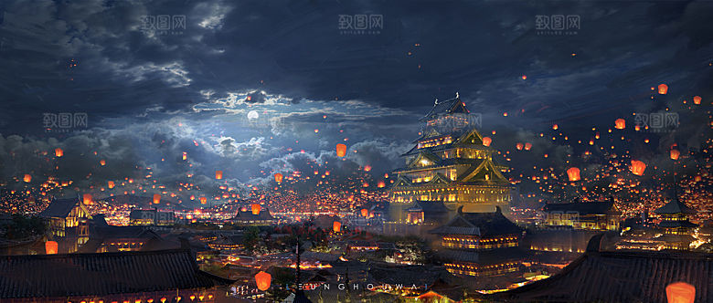 中国风国潮中式古风场景华灯繁华夜市背景