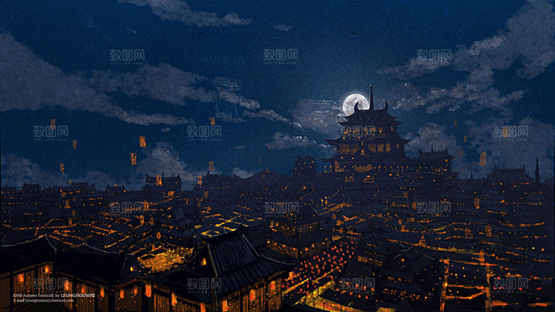 中国风国潮中式古风场景华灯繁华夜市背景