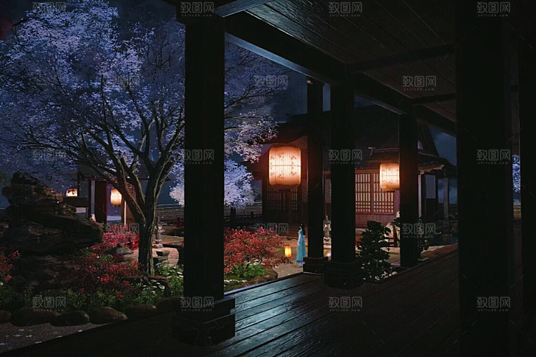 中国风国潮中式古风场景华灯繁华夜市背景