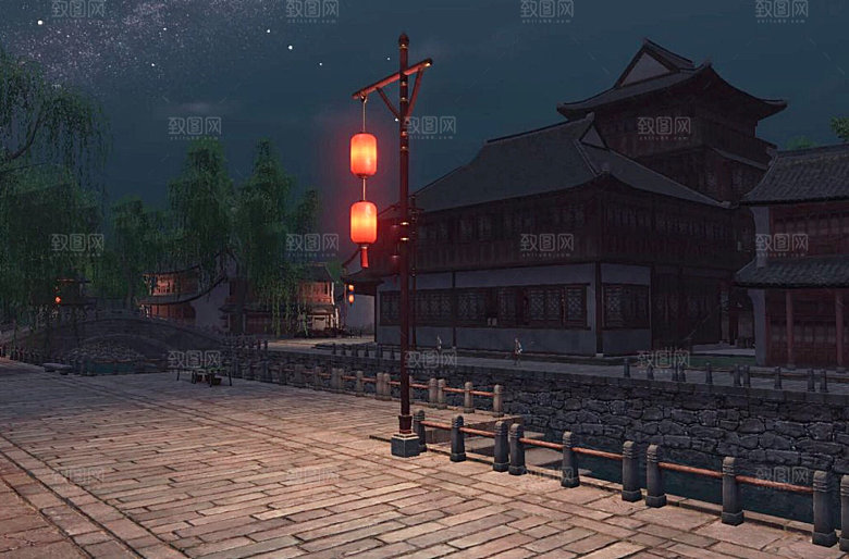 中国风国潮中式古风场景华灯繁华夜市背景