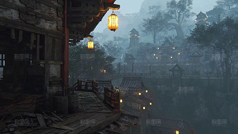 中国风国潮中式古风场景华灯繁华夜市背景