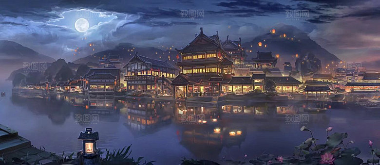 中国风国潮中式古风场景华灯繁华夜市背景