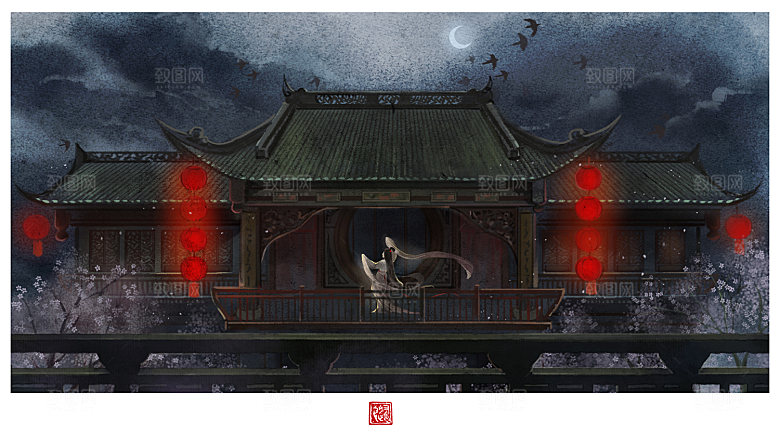 中国风国潮中式古风场景华灯繁华夜市背景