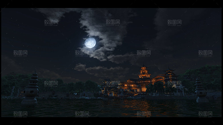 中国风国潮中式古风场景华灯繁华夜市背景