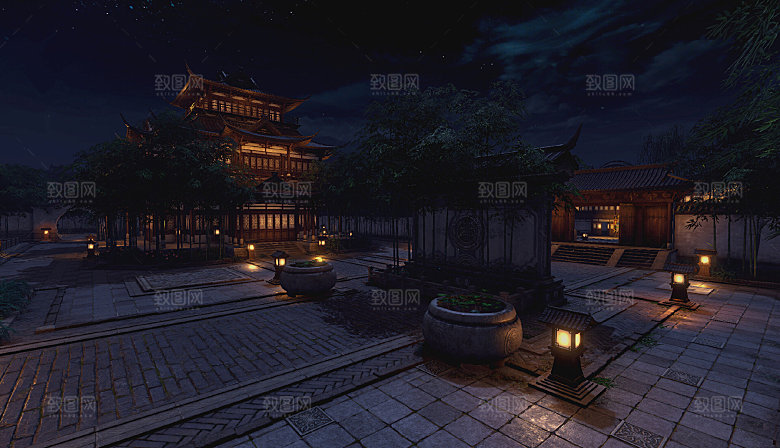 中国风国潮中式古风场景华灯繁华夜市背景