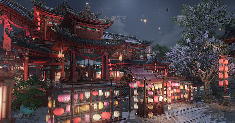 中国风国潮中式古风场景华灯繁华夜市背景