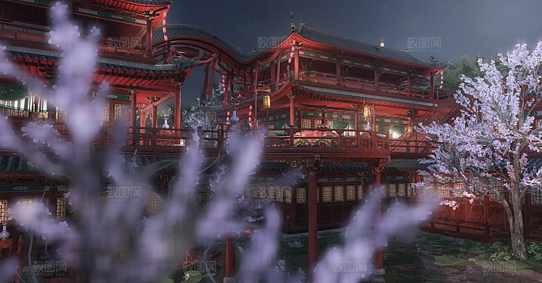 中国风国潮中式古风场景华灯繁华夜市背景