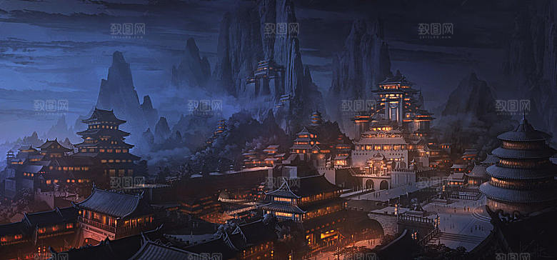 中国风国潮中式古风场景华灯繁华夜市背景