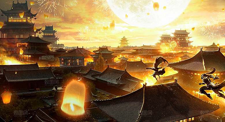 中国风国潮中式古风场景华灯繁华夜市背景