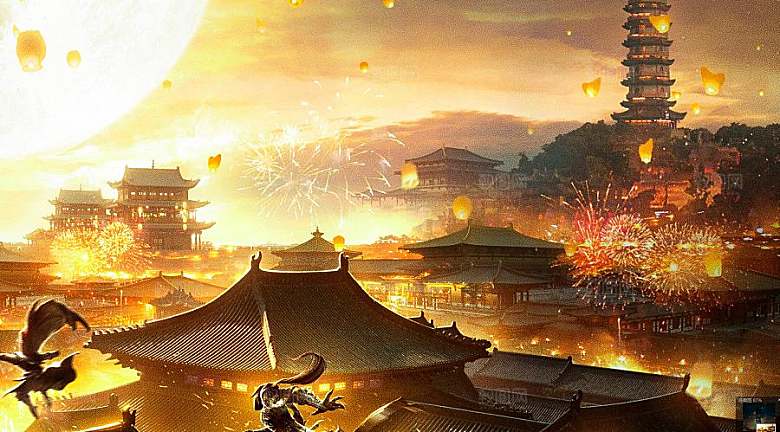 中国风国潮中式古风场景华灯繁华夜市背景