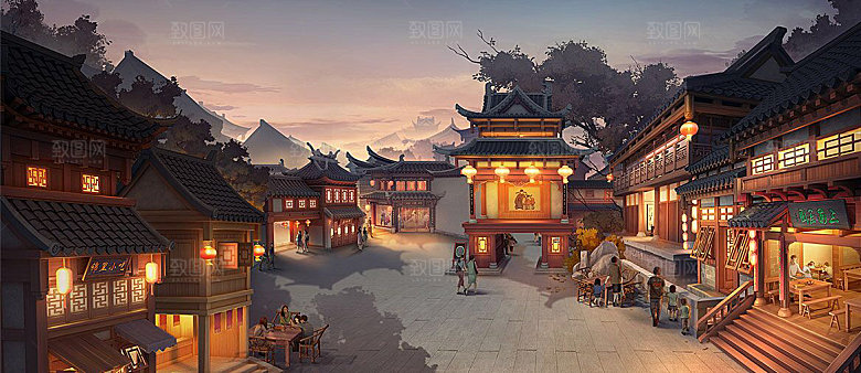 中国风国潮中式古风场景华灯繁华夜市背景