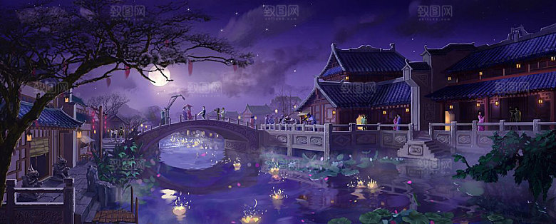 中国风国潮中式古风场景华灯繁华夜市背景