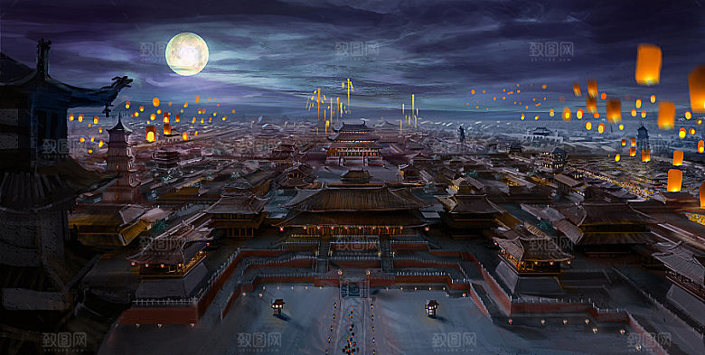 中国风国潮中式古风场景华灯繁华夜市背景