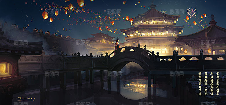 中国风国潮中式古风场景华灯繁华夜市背景