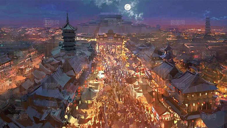 中国风国潮中式古风场景华灯繁华夜市背景