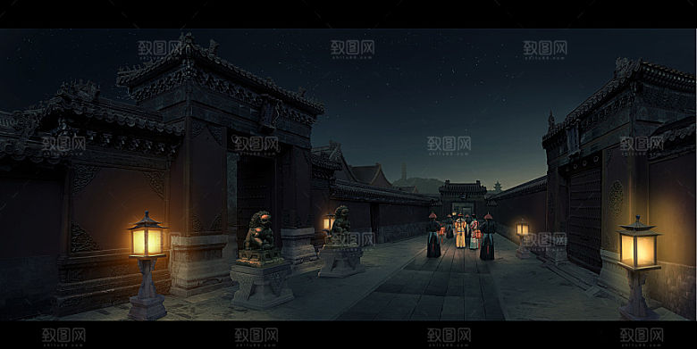 中国风国潮中式古风场景华灯繁华夜市背景